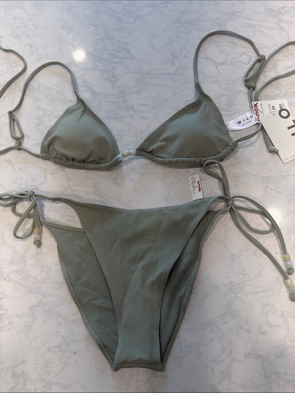Wilo Sage Green Ribbed Triangle String Bikini